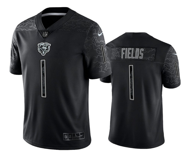 Men's Chicago Bears #1 Justin Fields Black Reflective Limited Stitched Football Jersey